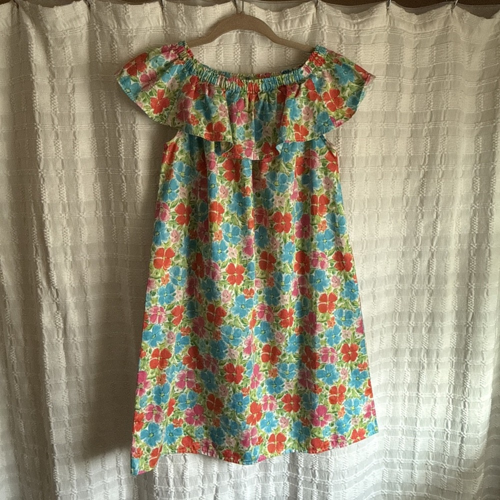 Lands' End 100% Cotton Girls‎ Size 14 Watercolor Floral Off the Shoulder Dress
